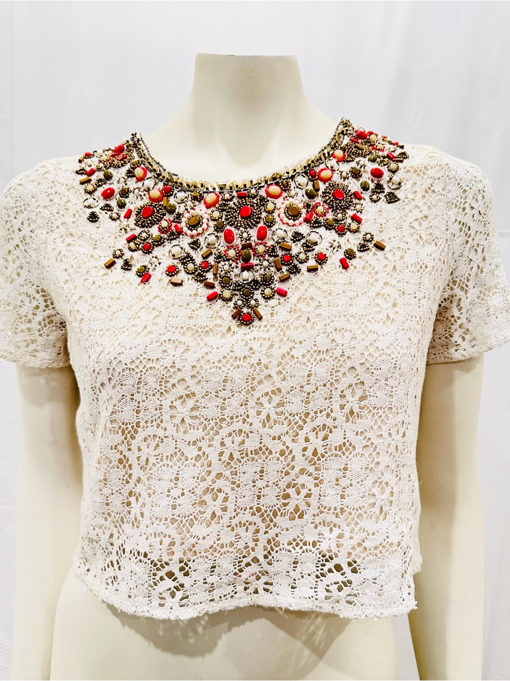Haute Hippie Ivory Lace Crop Top with Red Jewel Embellishment